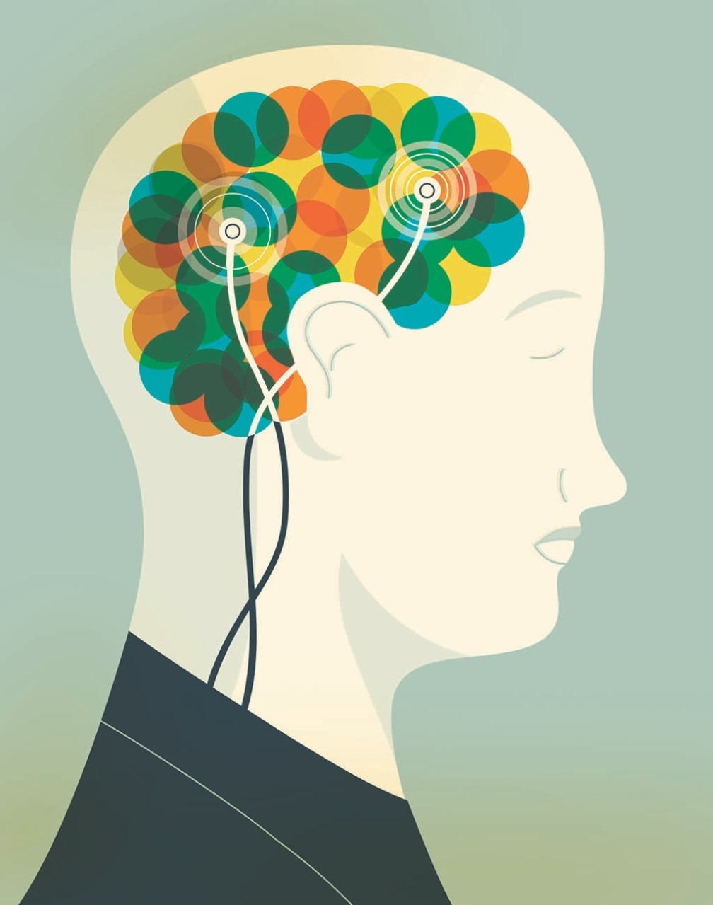 Illustration of a human head with a colorful brain representing neurofeedback, with electrodes attached to the scalp.