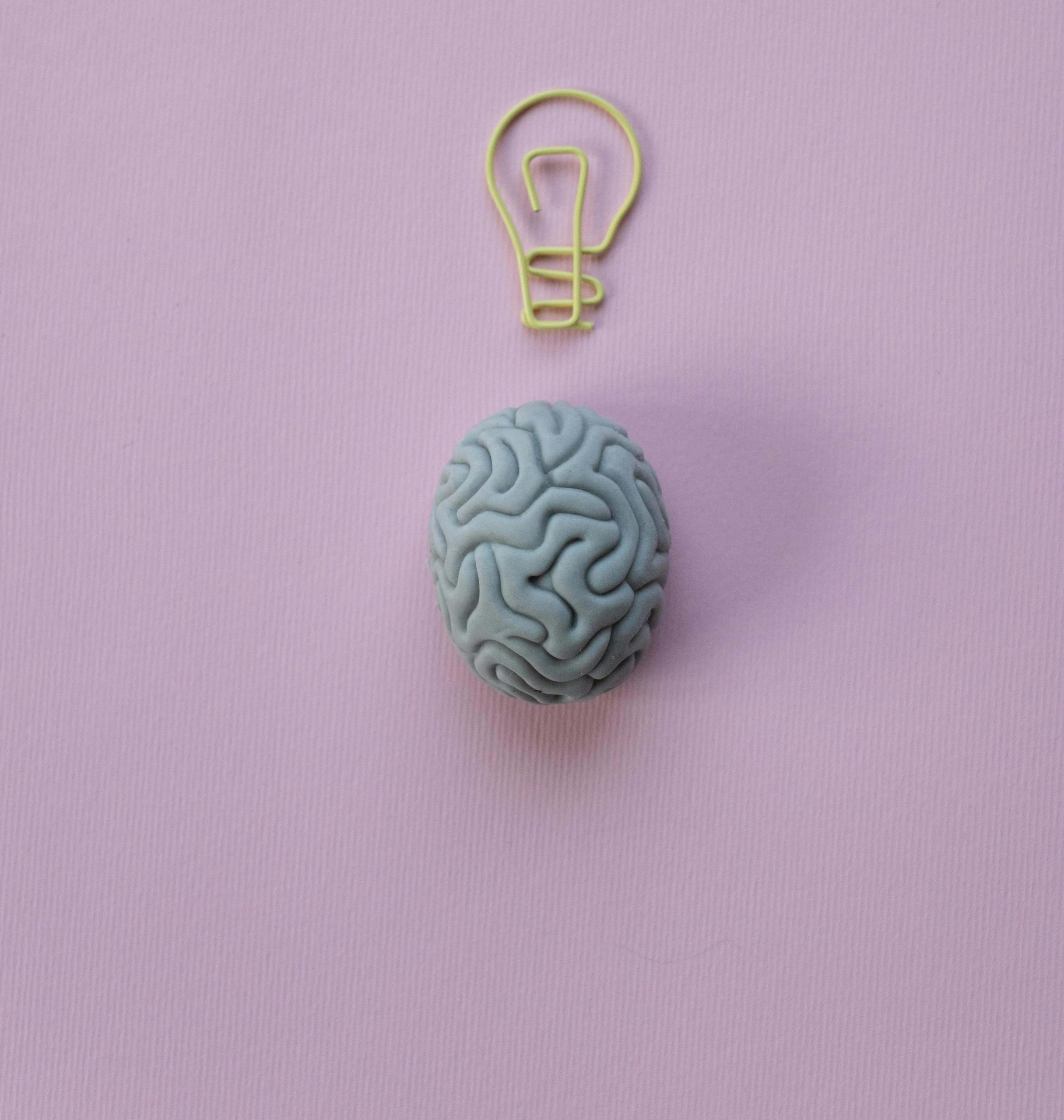 Symbolic image representing neurofeedback therapy in Edinburgh—brain model and lightbulb concept on pink background.