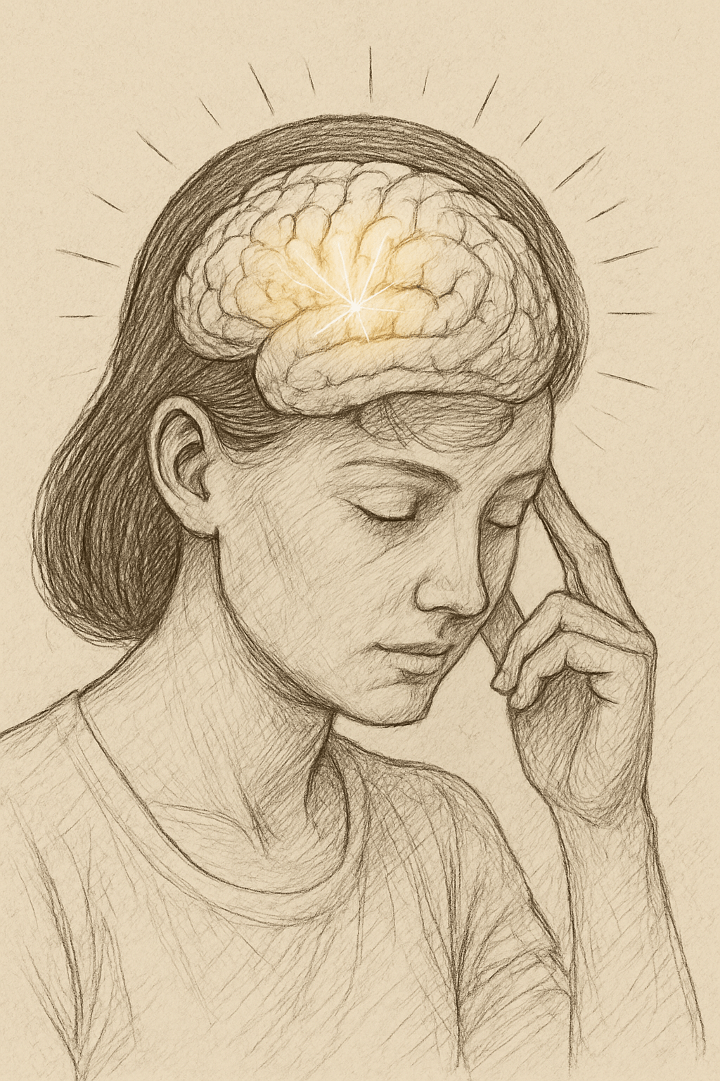 Hand-drawn pencil sketch of a woman in side profile with her eyes closed, appearing calm and focused. A detailed brain inside her head glows softly with light rays, symbolizing mental clarity, focus, and cognitive performance. The illustration uses shading and hatching techniques on a light beige background, creating a realistic yet artistic feel.